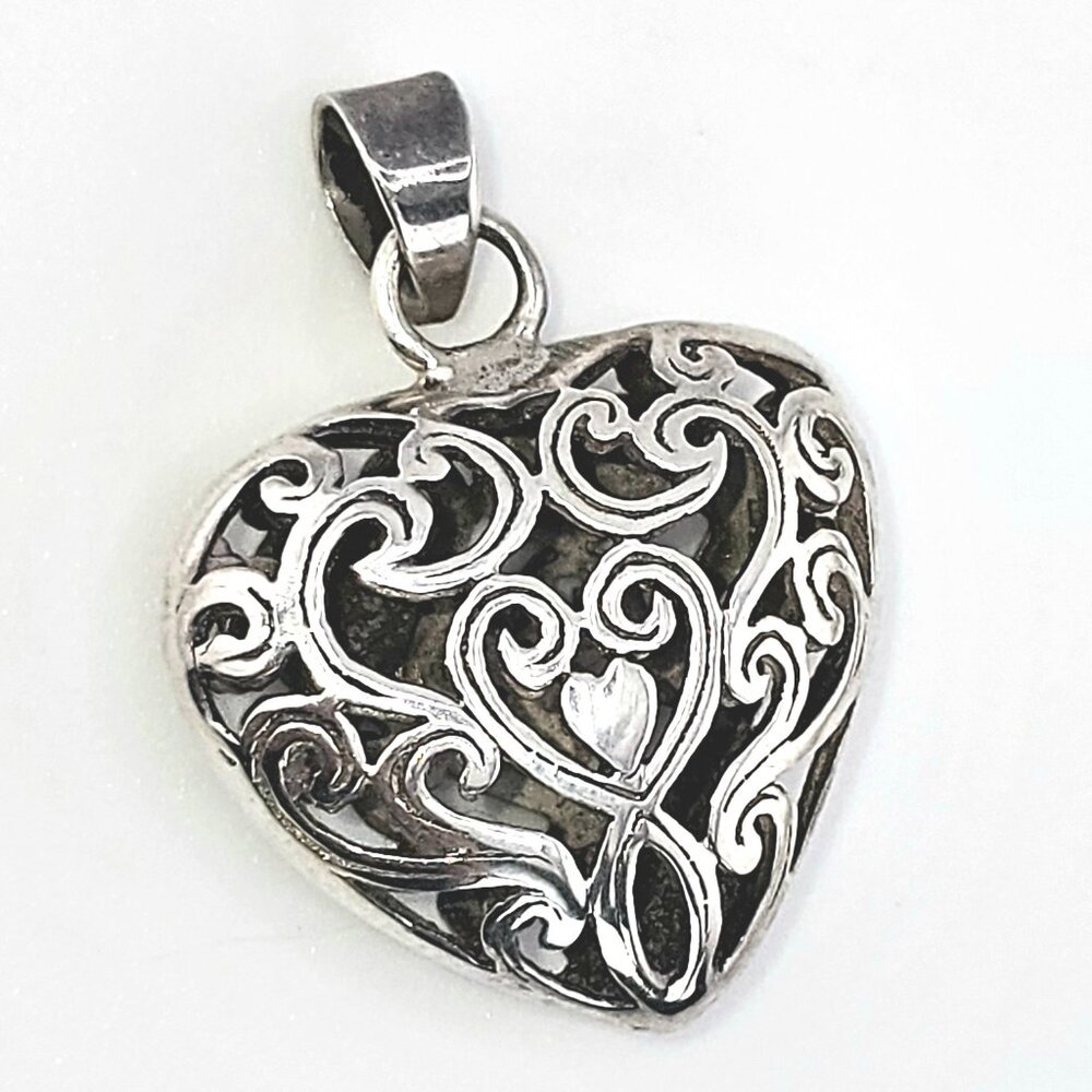 Vintage Sterling Silver Heart Filigree Pendant | Scrollwork | .925